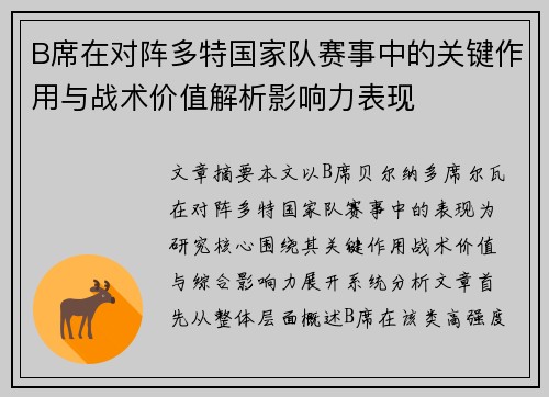 B席在对阵多特国家队赛事中的关键作用与战术价值解析影响力表现 B席在对阵多特国家队赛事中的关键作用与战术价值解析影响力表现