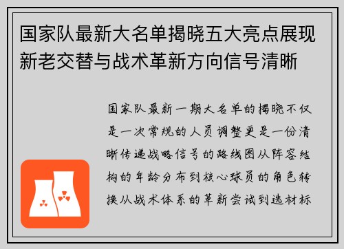 国家队最新大名单揭晓五大亮点展现新老交替与战术革新方向信号清晰 国家队最新大名单揭晓五大亮点展现新老交替与战术革新方向信号清晰