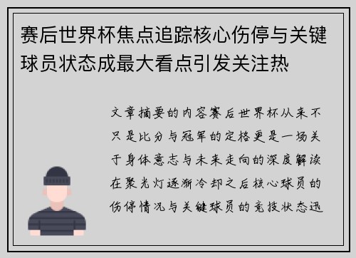 赛后世界杯焦点追踪核心伤停与关键球员状态成最大看点引发关注热
